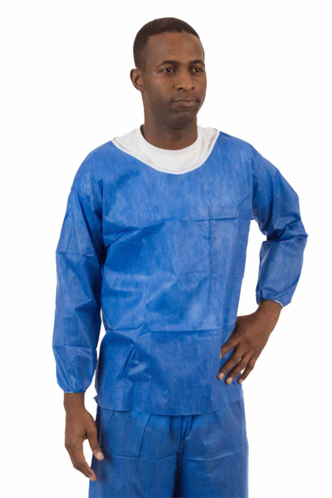 Denim Blue SMS Soft Scrub Long Sleeve Shirt, Round Hemmed Neck, Elastic Wrist, Left Chest Pocket (30 Per Case) - Sticky Mats, Shoe Covers and Disposable Apparel from PLX Industries