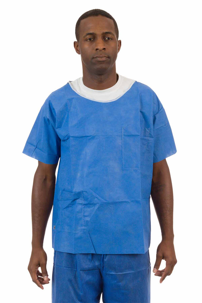 Denim Blue SMS Soft Scrub Short Sleeve Shirt, Round Hemmed Neck, Left Chest Pocket, Right Front Hip Pocket (30 Per Case) - Sticky Mats, Shoe Covers and Disposable Apparel from PLX Industries
