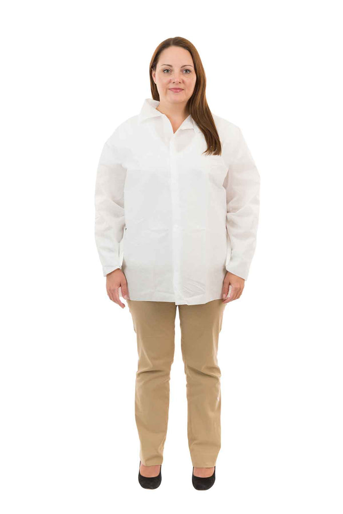 White SMS Long Sleeve Shirt, No Pockets, Open Wrist (30 Per Case) - Sticky Mats, Shoe Covers and Disposable Apparel from PLX Industries