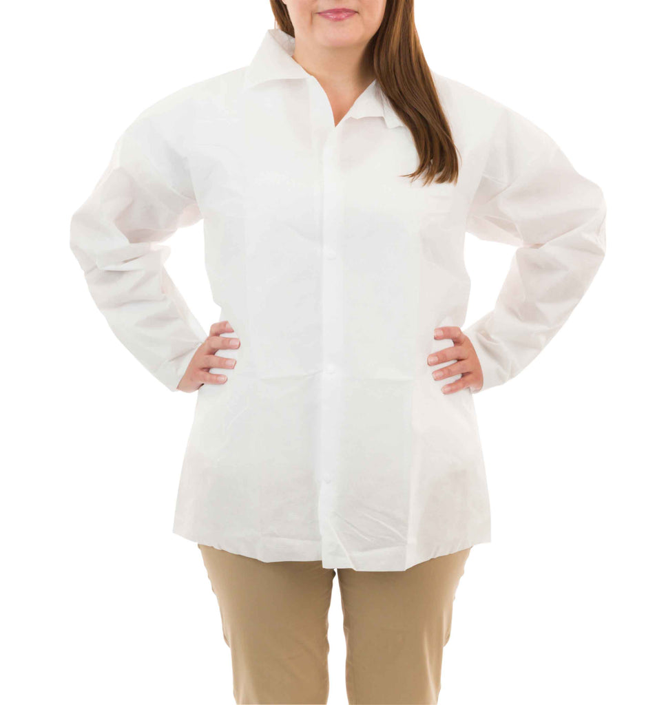 White SMS Long Sleeve Shirt, No Pockets, Open Wrist (30 Per Case) - Sticky Mats, Shoe Covers and Disposable Apparel from PLX Industries