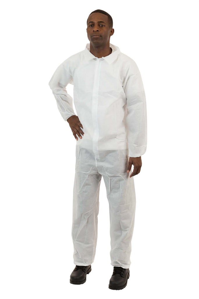 White SMS Coverall, Elastic Wrist & Ankle 25/Case - Sticky Mats, Shoe Covers and Disposable Apparel from PLX Industries