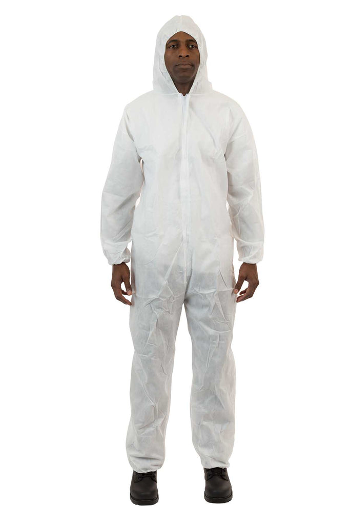 White SMS Coverall with Attached Hood, Elastic Wrist & Ankle 25/Case - Sticky Mats, Shoe Covers and Disposable Apparel from PLX Industries