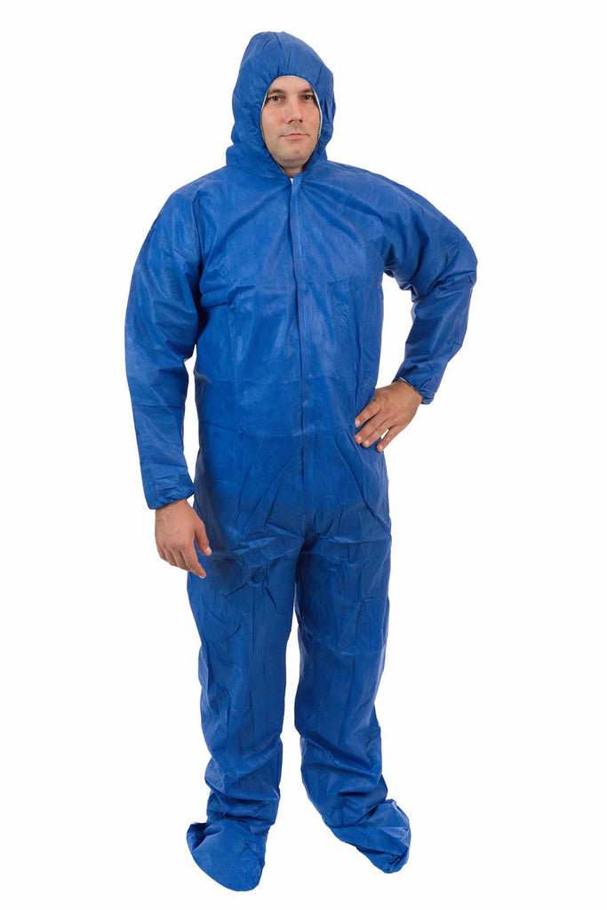 Blue SMS Coverall with Attached Hood & Boot ( 25 Per Case) - Sticky Mats, Shoe Covers and Disposable Apparel from PLX Industries