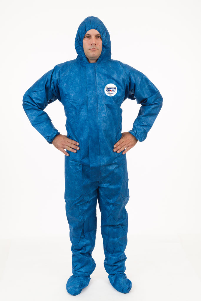 Blue Coverall with Hood & Boot, Elastic Wrist & Back, Front Zipper with Storm Flap - Sticky Mats, Shoe Covers and Disposable Apparel from PLX Industries