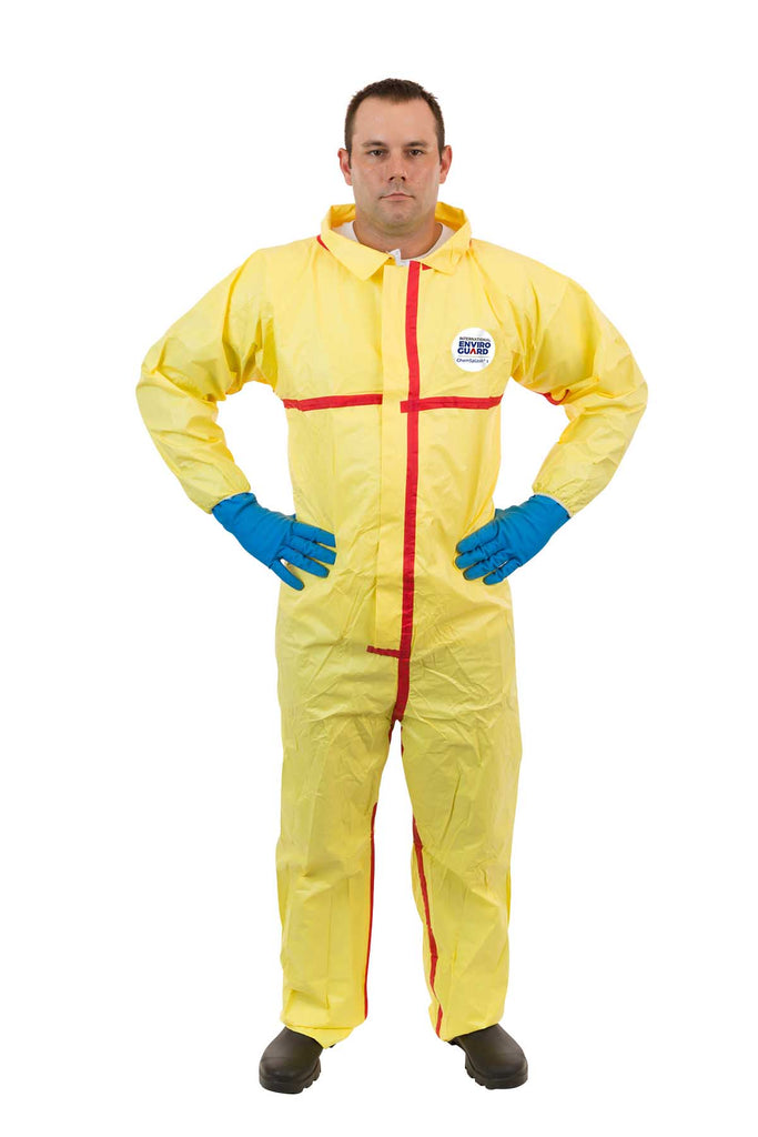 Chemical Splash Coverall, Elastic Wrist, Open Ankle, Taped Seams, Elastic Back ( 6  Per Case) - Sticky Mats, Shoe Covers and Disposable Apparel from PLX Industries