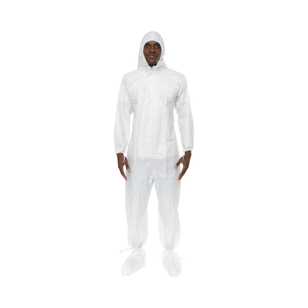 Sterile Coverall, with Attached Hood & Boot, Tunnelized Elastic Wrists, Ankles, Back. Thumb Loops. Ankle Ties. Storm Flap over Zipper. Serged Seams, Sterilized to 10⁻⁶, Individually Packaged (25 Per Case) - Sticky Mats, Shoe Covers and Disposable Apparel from PLX Industries