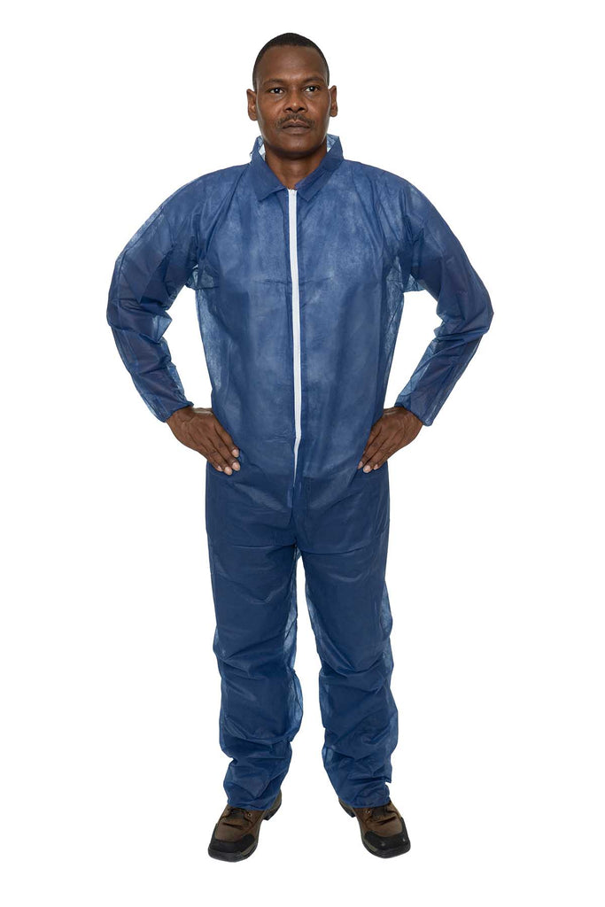 Navy Blue Polypropylene Coverall, Elastic Wrist, Open Ankle (25 Per Case) - Sticky Mats, Shoe Covers and Disposable Apparel from PLX Industries